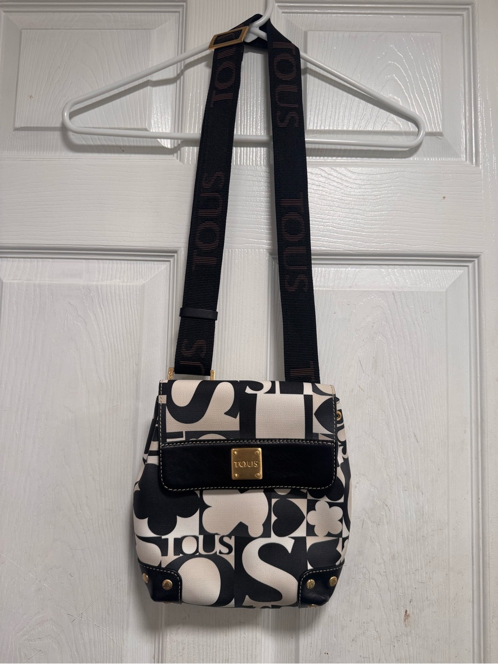 TOUS Black and White Graphic Logo Crossbody Bag with Branded Strap